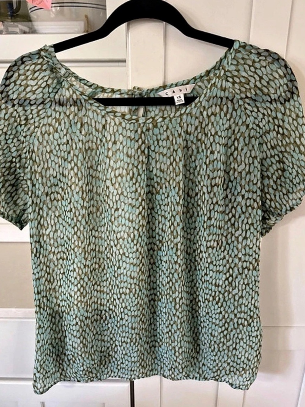 CAbi Printed Short Sleeve Blouse in Green & Blue XS